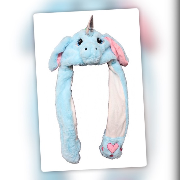 WHITE or BLUE Plush Funny Unicorn Hat Scarf Squeeze Paw Lift Ear - Picture 2 of 6